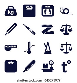 Scale icons set. set of 16 scale filled icons such as thermometer, floor scales, tape, themometer, lugagge weight, weight, metronome, temperature, scales, measuring tape
