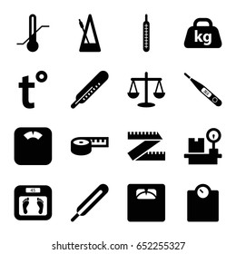 Scale icons set. set of 16 scale filled icons such as thermometer, floor scales, themometer, lugagge weight, weight, metronome, temperature, scales, measuring tape