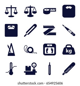 Scale icons set. set of 16 scale filled icons such as thermometer, floor scales, tape, themometer, lugagge weight, weight, metronome, scales, measuring tape