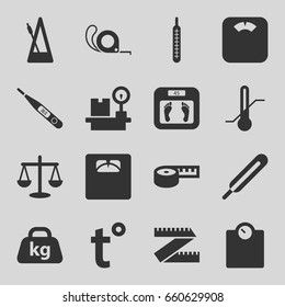 Scale icons set. set of 16 scale filled icons such as floor scales, tape, themometer, thermometer, lugagge weight, weight, metronome, temperature, scales, measuring tape