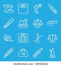 Scale icons set. set of 16 scale outline icons such as thermometer, floor scales, tape, themometer, lugagge weight, weight, metronome, temperature, scales, measuring tape