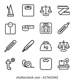 Scale icons set. set of 16 scale outline icons such as thermometer, floor scales, tape, themometer, lugagge weight, weight, metronome, temperature, scales, measuring tape