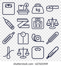 Scale icons set. set of 16 scale outline icons such as thermometer, floor scales, tape, themometer, lugagge weight, weight, scales, measuring tape, measure ruler