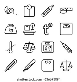 Scale icons set. set of 16 scale outline icons such as thermometer, floor scales, tape, themometer, lugagge weight, weight, temperature, scales, measuring tape