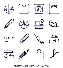 Scale icons set. set of 16 scale outline icons such as thermometer, floor scales, tape, themometer, lugagge weight, weight, scales, measuring tape, measure ruler