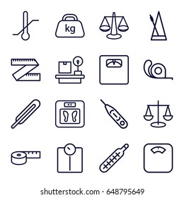 Scale icons set. set of 16 scale outline icons such as floor scales, tape, themometer, thermometer, lugagge weight, weight, metronome, scales, measuring tape, measure ruler