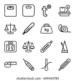 Scale icons set. set of 16 scale outline icons such as thermometer, floor scales, tape, themometer, lugagge weight, weight, metronome, temperature, scales