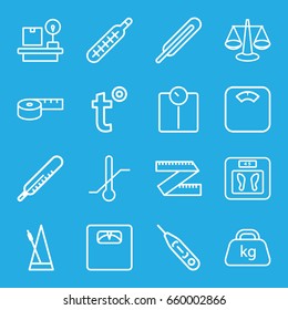 Scale icons set. set of 16 scale outline icons such as thermometer, floor scales, themometer, lugagge weight, weight, metronome, temperature, scales, measuring tape