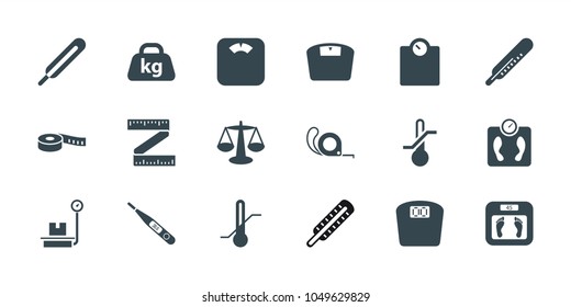 Scale icons. set of 18 editable filled scale icons: thermometer, floor scales, tape, scales, floor scale, thermometer, weight, measuring tape, measure ruler