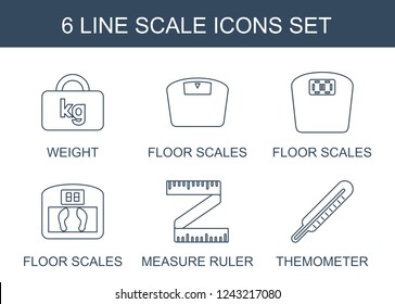scale icons. Set of 6 line scale icons included weight, floor scales, measure ruler, themometer on . Editable scale icons for web, mobile and infographics.