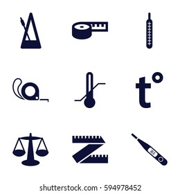 scale icons set. Set of 9 scale filled icons such as tape, thermometer, metronome, temperature, scales, measuring tape