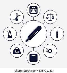 Scale icons set. set of 9 scale filled icons such as thermometer, floor scales, tape, weight, metronome