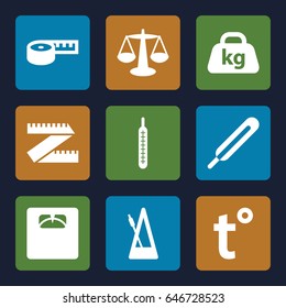 Scale icons set. set of 9 scale filled icons such as themometer, floor scales, weight, thermometer, metronome, temperature, scales, measuring tape