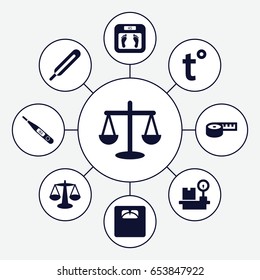 Scale icons set. set of 9 scale filled icons such as floor scales, themometer, lugagge weight, thermometer, temperature, scales