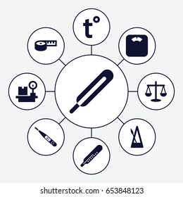 Scale icons set. set of 9 scale filled icons such as thermometer, themometer, lugagge weight, metronome, temperature, scales, measuring tape
