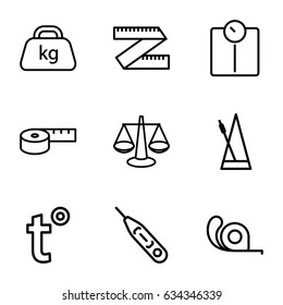 Scale icons set. set of 9 scale outline icons such as tape, weight, thermometer, metronome, temperature, scales, measuring tape, measure ruler