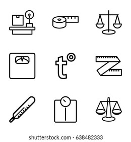 Scale icons set. set of 9 scale outline icons such as thermometer, floor scales, lugagge weight, temperature, scales, measuring tape, measure ruler