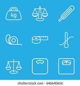 Scale icons set. set of 9 scale outline icons such as tape, themometer, floor scales, thermometer, weight, scales