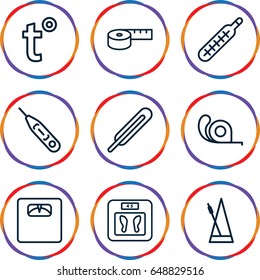 Scale icons set. set of 9 scale outline icons such as floor scales, tape, themometer, thermometer, metronome, temperature
