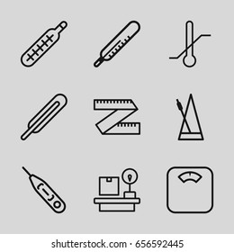 Scale icons set. set of 9 scale outline icons such as thermometer, themometer, lugagge weight, metronome, floor scales
