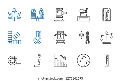 Scale Icons Set. Collection Of Scale With Ruler, Mercury, Loss, Legal, Tape, Law, Thermometer, Gym, Pantone, Temperature, Weight, Auction, Balance. Editable And Scalable Scale Icons.