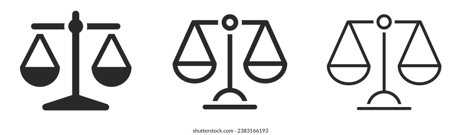 Scale icons set. Justice scales and libra symbol. Old scales icons collection. Different scales line and flat style - stock vector.