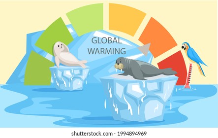 Scale with indicator of global warming. Earth temperature rise and glacier melting affect animals. Polar animals sitting on melting ice during global warming. Seal, walrus and parrot suffer from heat