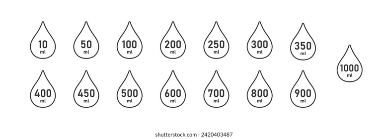 Escalar para infografía de ingredientes. Una gota de líquido con un valor entre 10 y 1000 mililitros. Conjunto de iconos de línea de volumen de medida. Símbolos de capacidad de agua. Ilustración del vector