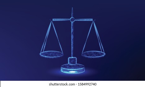 Scale Of Justice. Abstract Low Poly Wireframe Mesh Design. From Connecting Dot And Line. Vector Illustration On Blue Background