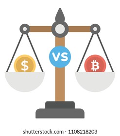 A scale of justice comparing dollar vs bitcoins and showing sign of equality commemorating bitcoin vs dollar icon  
