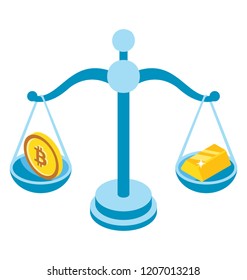 
A scale of justice comparing dollar vs bitcoins and showing sign of equality commemorating bitcoin vs dollar icon  
