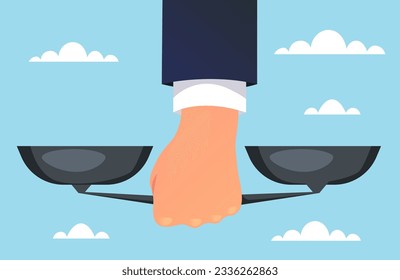 Scale justice hand hold balance judge abstract concept. Vector graphic design illustration