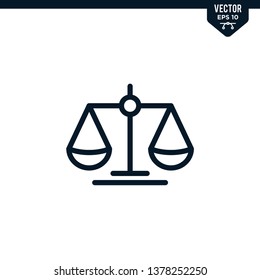 Scale of justice icon collection in outlined or line art style, editable stroke vector