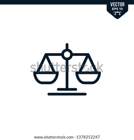 Scale of justice icon collection in outlined or line art style, editable stroke vector