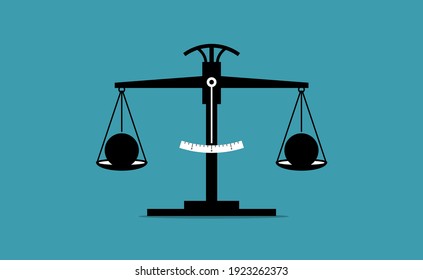 Scale of justice measuring the weight of two objects and they are equal in weight. Vector illustration concept of same, balanced, unbiased, and justice. 