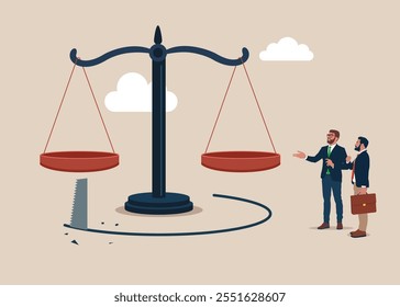 Scale of justice theft. Thief sawing the floor to make corrupt politics falling down. Fraud and failure justice. Flat vector illustration.