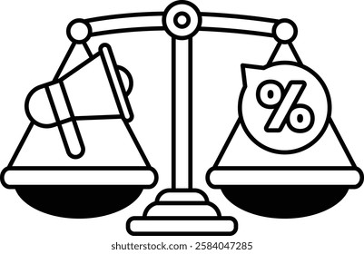 A scale with a large speaker on one side and a percentage sign on the other. The scale is balanced, but the speaker is louder than the percentage sign