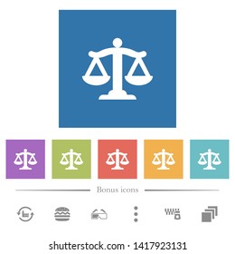 Scale of law flat white icons in square backgrounds. 6 bonus icons included.