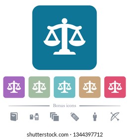 Scale of law white flat icons on color rounded square backgrounds. 6 bonus icons included