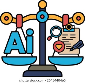 A scale with the letters AI on it. The scale is balanced with a heart on one side and a magnifying glass on the other