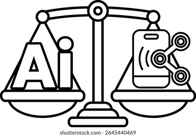 A scale with the letters AI on it. The scale is balanced with a phone on one side and a remote control on the other