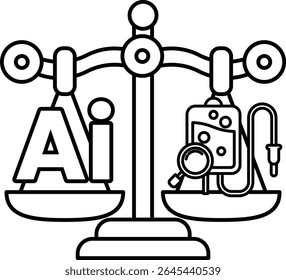 A scale with the letters AI on it. The scale is balanced with a needle on the left side and a syringe on the right side