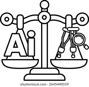 A scale with the letters AI on it. The scale is balanced with a magnifying glass on one side and a pair of scissors on the other