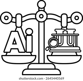 A scale with the letters AI on it. The scale is balanced with a magnifying glass on the right side