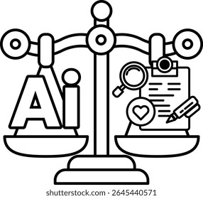 A scale with the letters AI on it. The scale is balanced with a heart on one side and a magnifying glass on the other