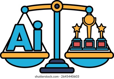 A scale with the letters AI on it. The scale is balanced with a person on one side and a star on the other