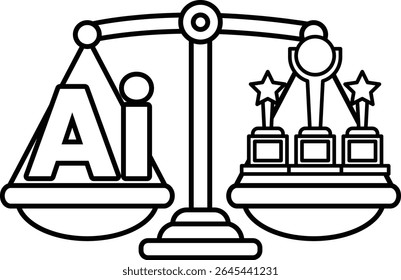 A scale with the letters AI on it. The scale is balanced with three stars on one side and a person on the other