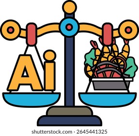 A scale with the letters AI on it. The scale is balanced with a basket of food on one side and a basket of vegetables on the other
