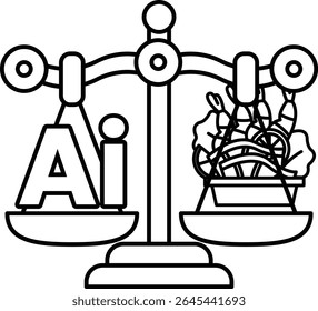 A scale with the letters AI on it. The scale is balanced with a basket of food on one side and a basket of vegetables on the other