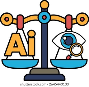 A scale with the letters AI on one side and an eye on the other. The scale is balanced, with the eye on the right and the letters AI on the left